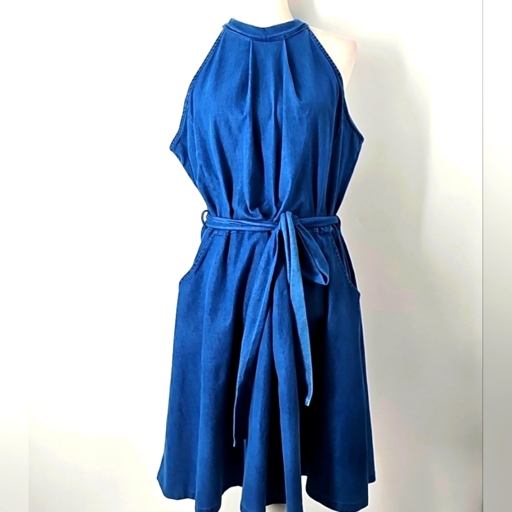 Ashley Stewart Fit & Flare Dress Blue Denim wFront Pockets & Detached Belt Sz:20 - Picture 8 of 13